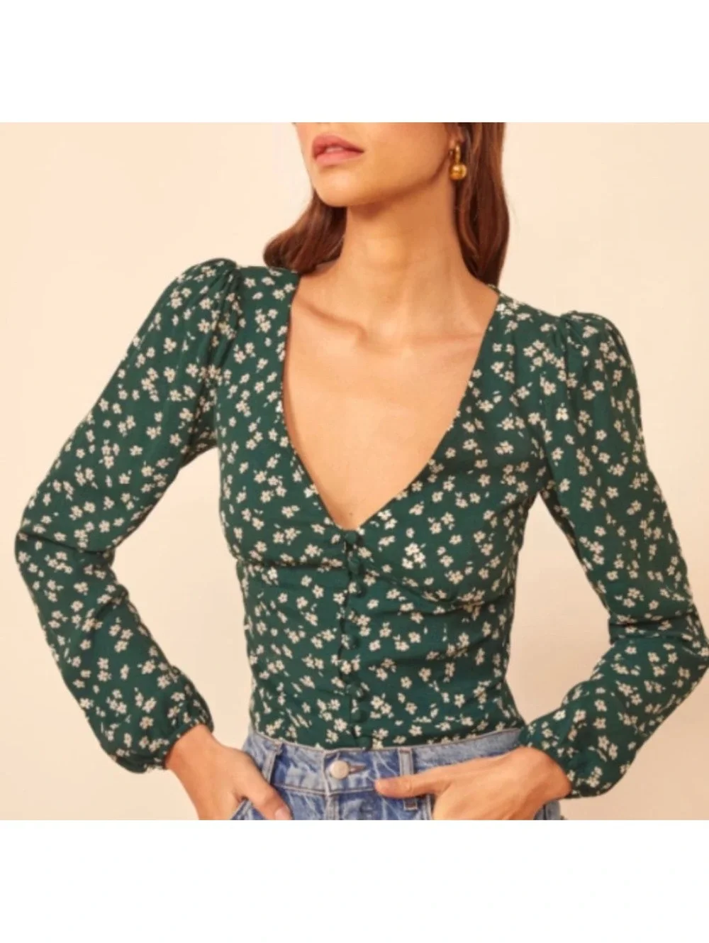 Reformation Nell Top Annette Green Floral V-Neck Button Blouse Size Small